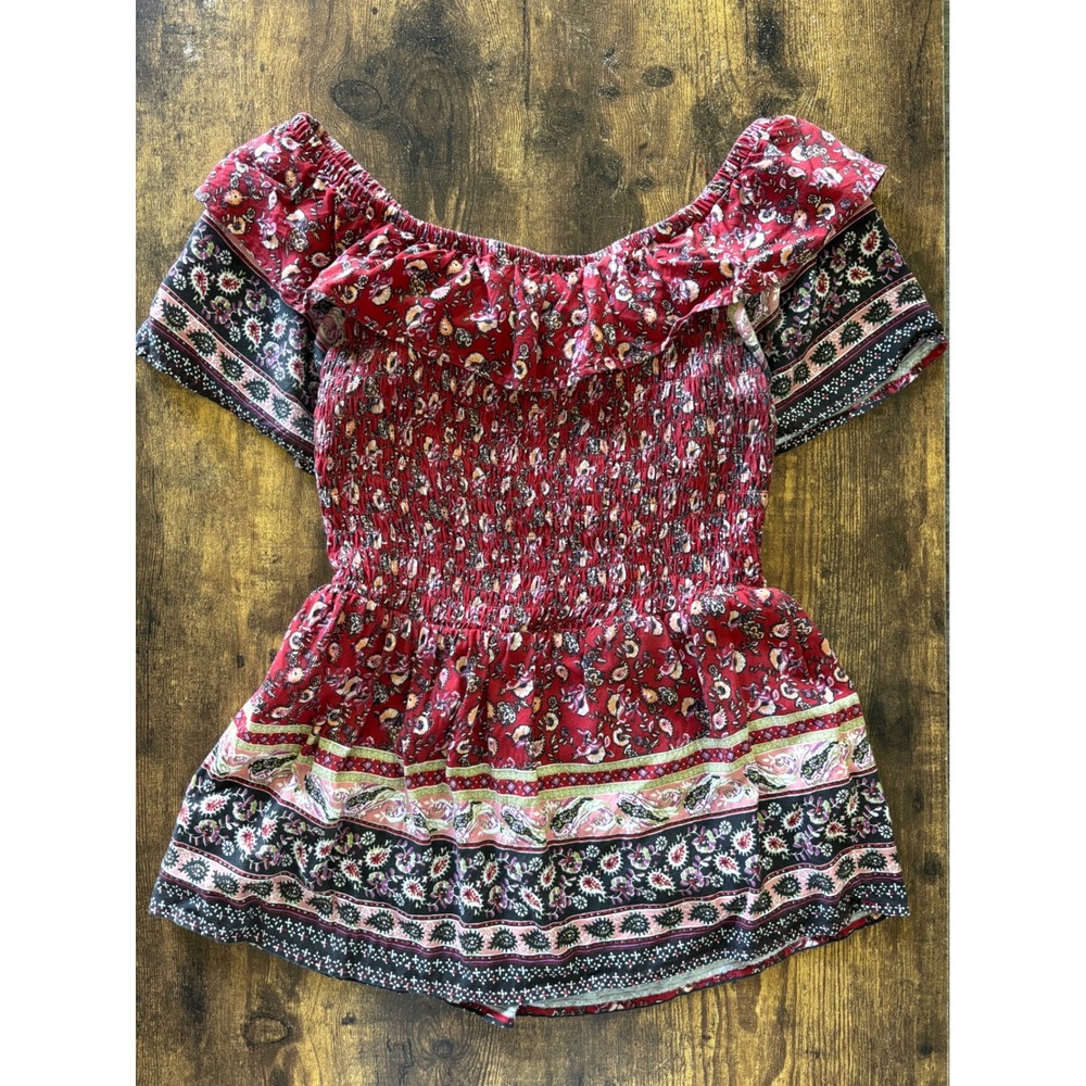 Maurices Red Floral Boho Western Smocked Off The Shoulder Ruffle Top Size Small